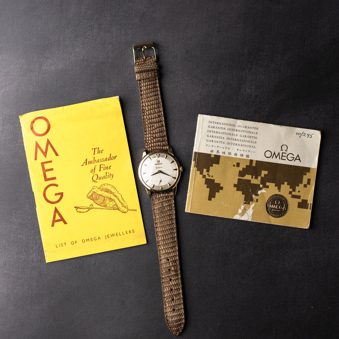 1960 9K GOLD OMEGA GENEVE TWO TONE CROSSHAIR SUB SECONDS WITH PAPERWORK CAL. 267 REF. 13332