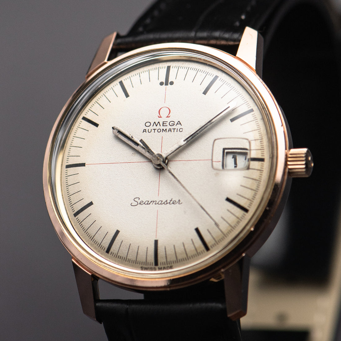 1967 ROSE GOLD OMEGA SEAMASTER SPEEDMASTER COMPANION WHITE TECHNICAL RED CROSSHAIR QUICKSET CAL. 565 REF. 166.002