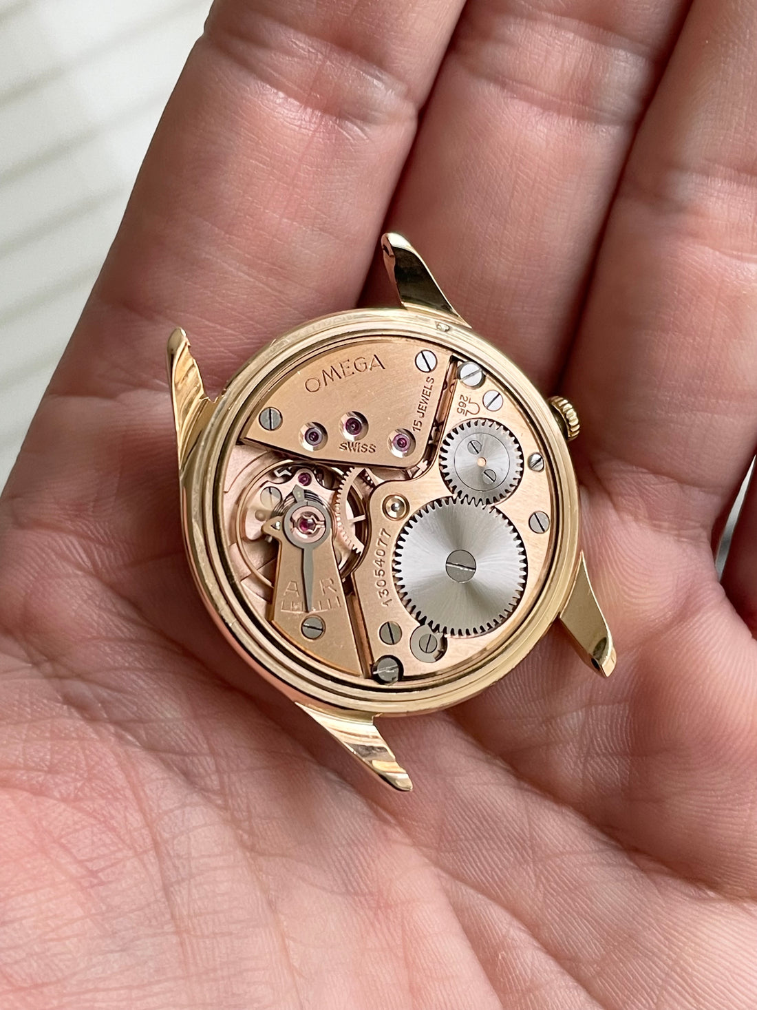 1952 OVERSIZE 14K ROSE GOLD OMEGA TRESOR HONEYCOMB CROSSHAIR SUB SECONDS CAL. 265 REF. 2619